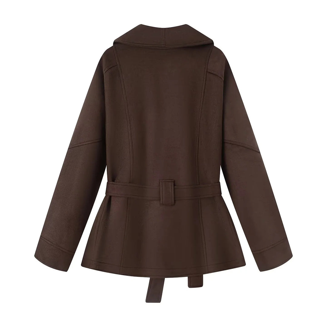 Damen nan kurzer Veloursoptik-Mantel mit Schalkragen, Bindegürtel und Eingrifftaschen Echo Archiv