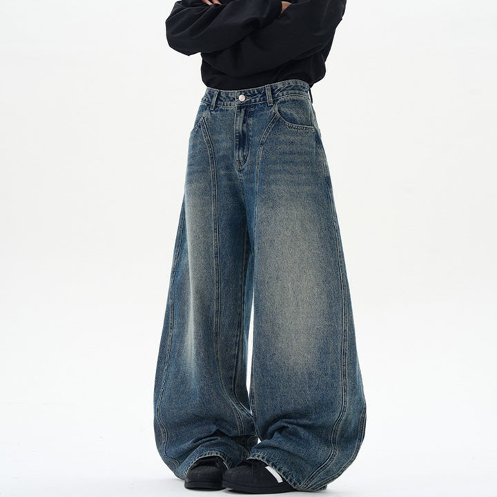 Damen Ultraweite hochgeschnittene Jeans-Palazzohose aus Vintage-Jeansstoff mit tiefem Schritt und skulpturaler Nahtführung Echo Archiv