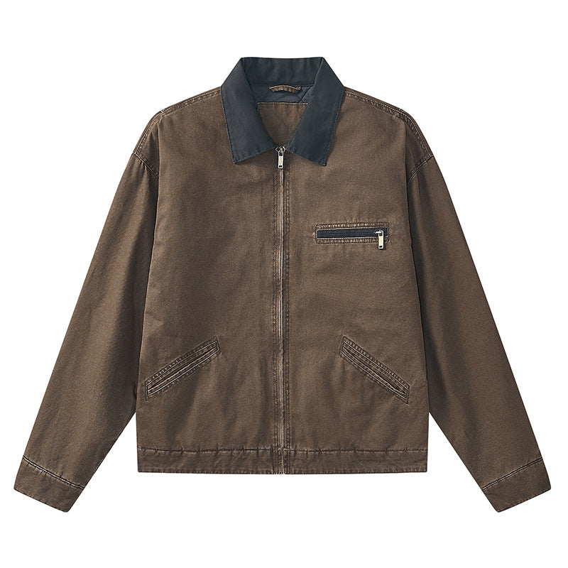 Men's vintage-inspired zip-front workwear jacket with contrast collar and angled welt pockets – Taviero