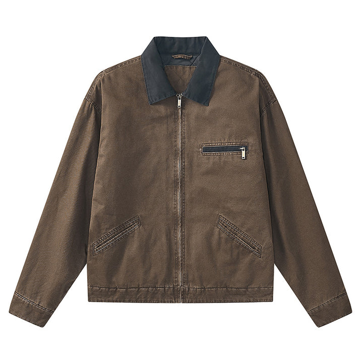 Men's vintage-inspired zip-front workwear jacket with contrast collar and angled welt pockets – Taviero