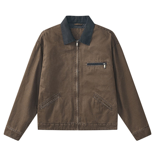 Men's vintage-inspired zip-front workwear jacket with contrast collar and angled welt pockets – Taviero