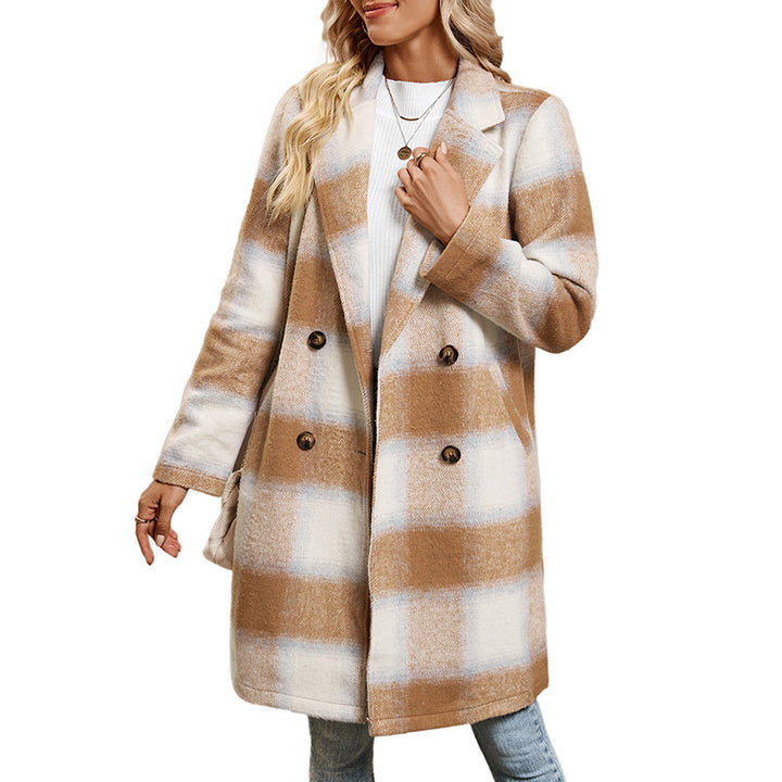 Damen Zweireihiger Wollmix-Mantel mit Oversize-Karos, Reverskragen und Eingrifftaschen Echoarchiv
