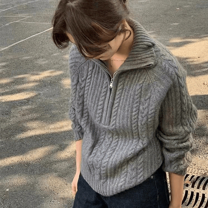Damen Zopfstrick-Polokragenpullover mit Halbreißverschluss und weichem Mohair-Look Echoarchiv