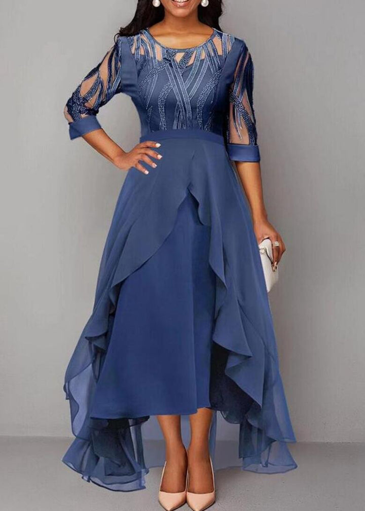 Damen nan edles Chiffon-Abendkleid mit besticktem Tülloberteil, Dreiviertelärmeln und asymmetrischem Stufen-Saum Echo Archiv
