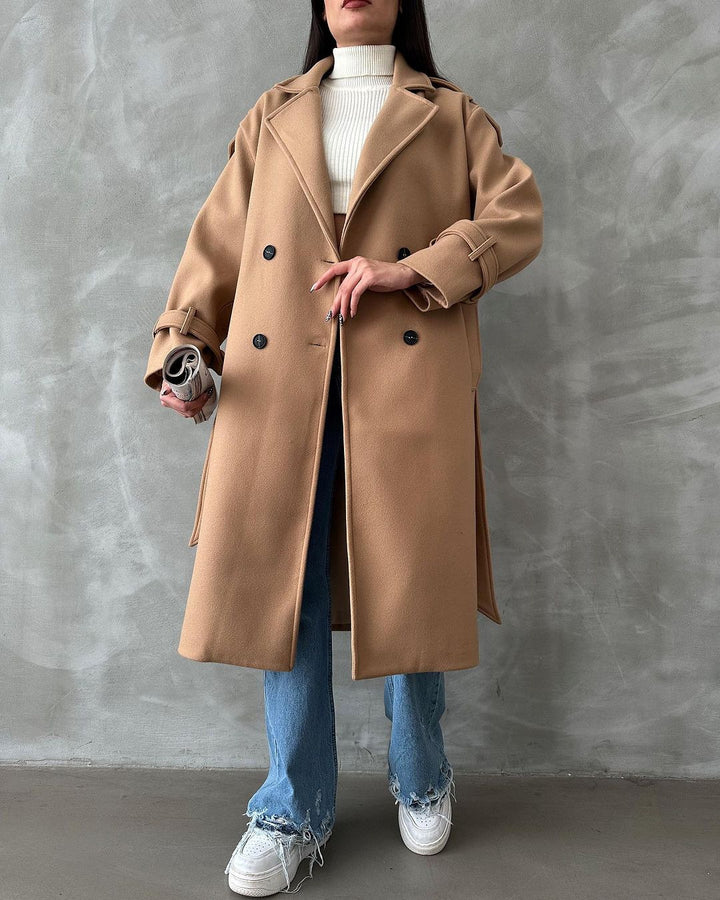 Damen Oversize Wollmix-Mantel mit doppelreihiger Knopfleiste und Taillengürtel Echoarchiv