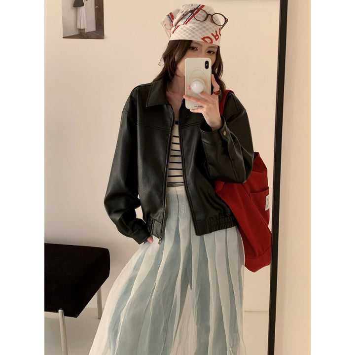 Damen Oversized Kunstleder Bomberjacke mit Reißverschluss Echoarchiv
