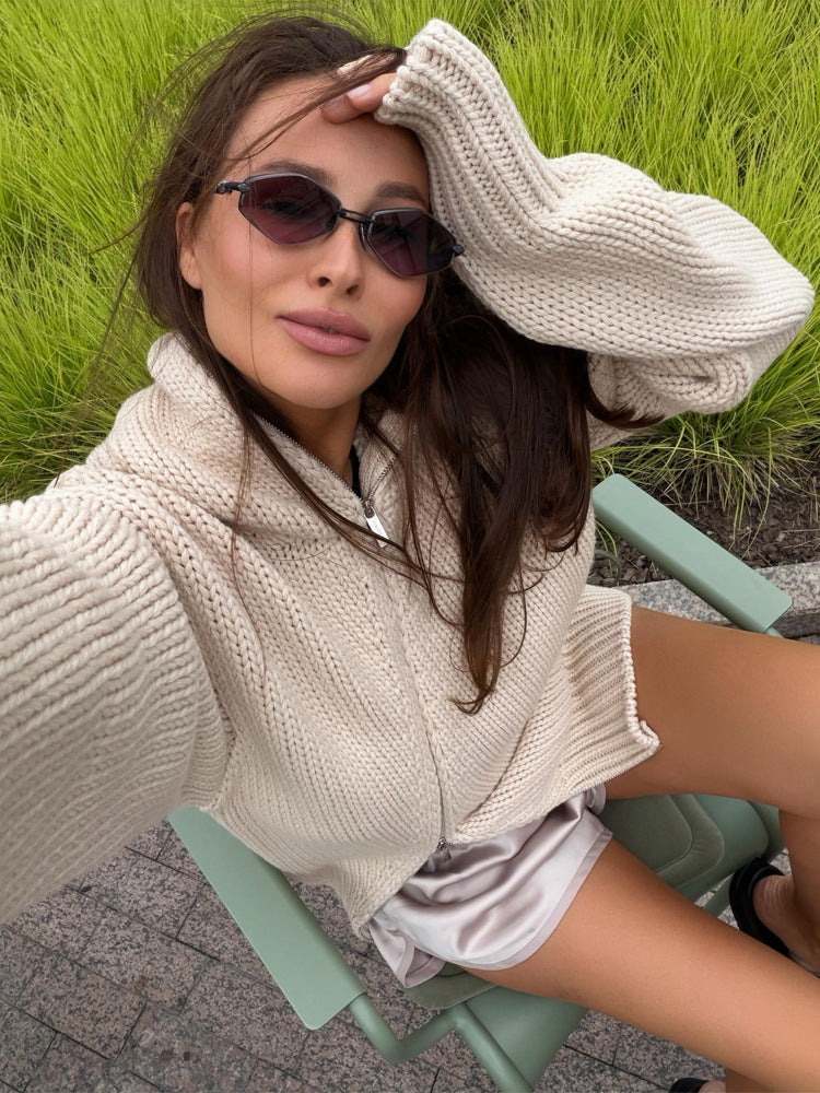 Damen Grobstrick-Zip-Cardigan mit hohem Kragen Echoarchiv