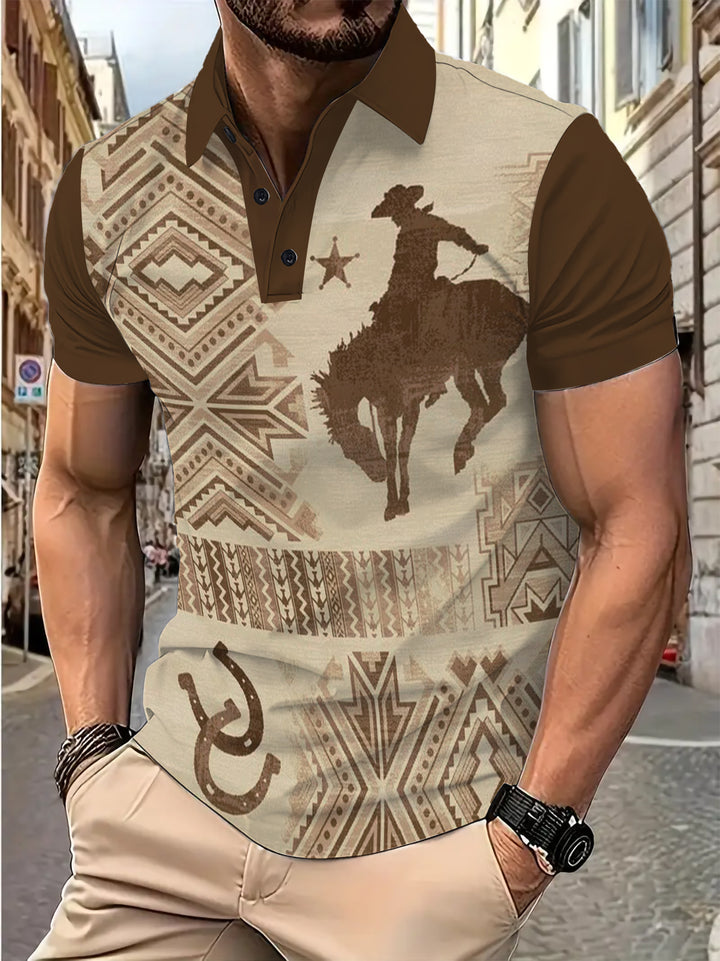 Herren Poloshirt mit künstlerischem Cowboy-Motiv und einzigartigem geometrischen Design Echoarchiv