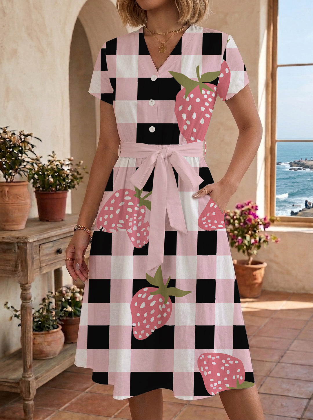 Damen Blühendes Midikleid mit taillierbarem Gürtel und kunstvollem Print Echo Archiv