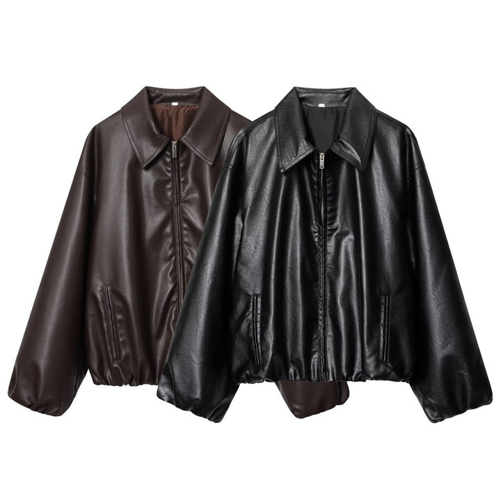 Damen Kurz geschnittener Oversize‑Blouson aus veganem Kunstleder mit Hemdkragen und elastischem Saum Echo Archiv