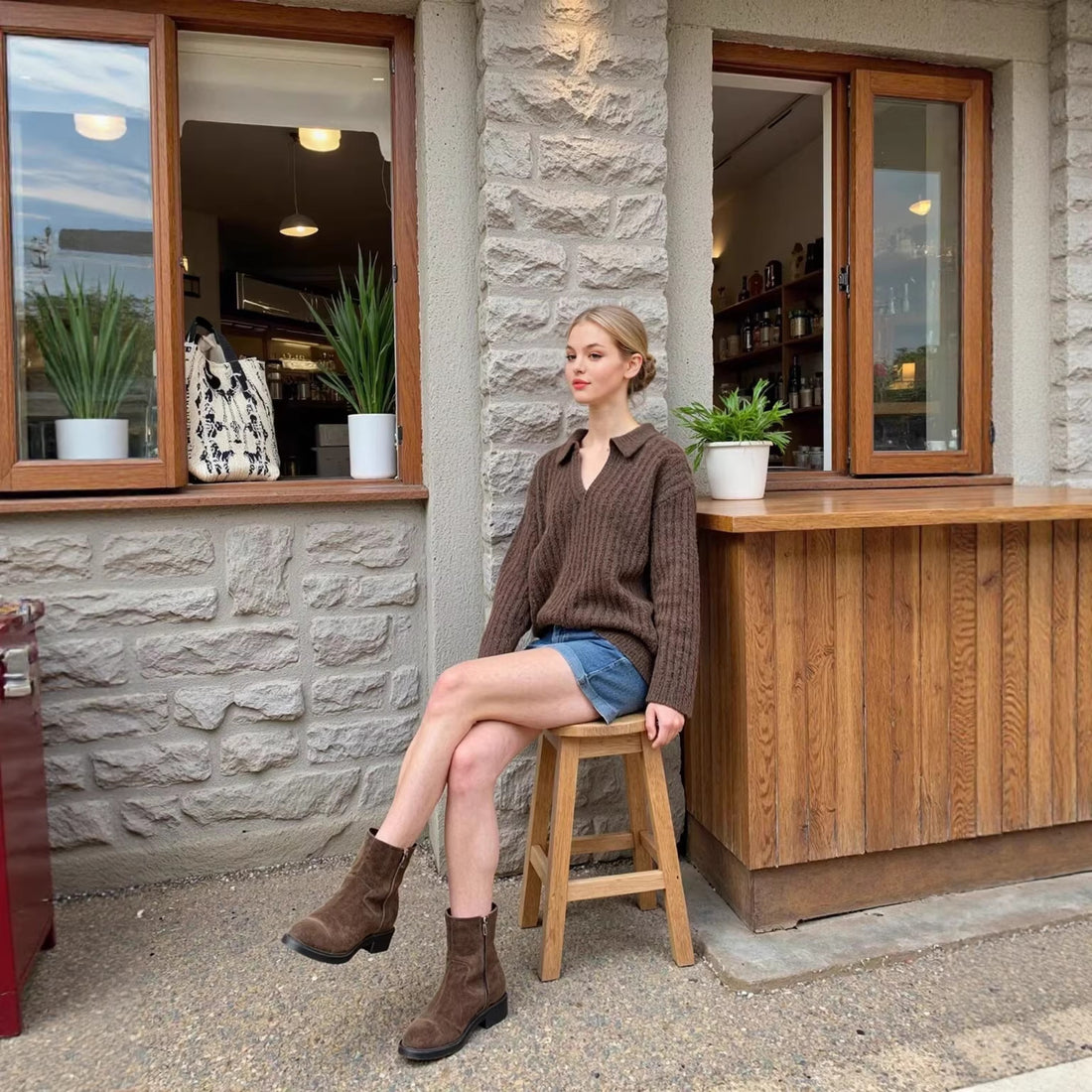 Damen Oversize-Grobstrick-Set mit Polokragen und Midirock Echoarchiv