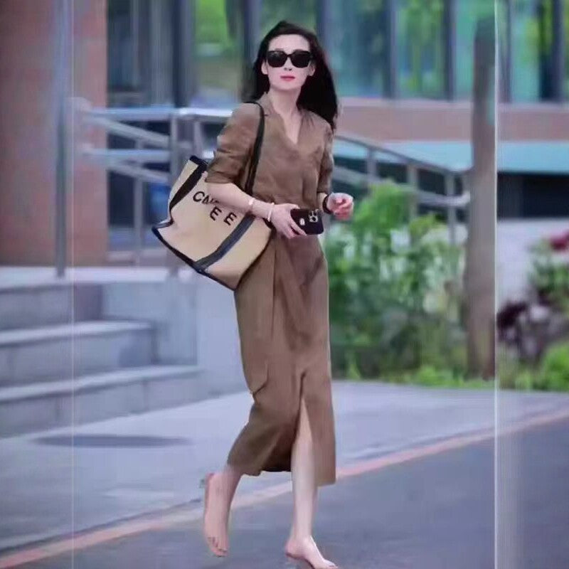 Damen Langes Hemdkleid mit Wickeloptik, Kordel-Taillengürtel und Beinschlitz – Valéora