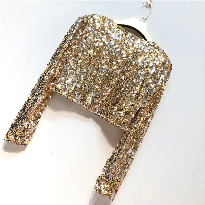 Damen Glitzernde Paillettenjacke mit Langem Arm und Offenem Schnitt Echoarchiv