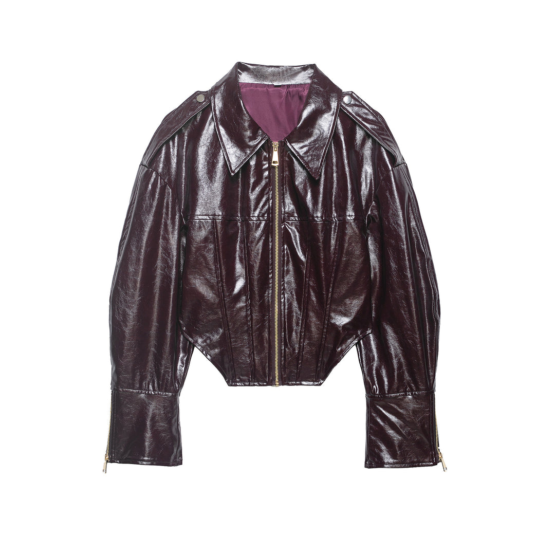 Damen Glänzende Cropped Bikerjacke in Lackoptik mit Schulterklappen und Zip-Ärmeln Echoarchiv