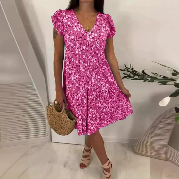 Damen nan V-Ausschnitt Kleid mit geraffter Taillennaht, kurzen Volantärmeln und stufigem Rock Echo Archiv