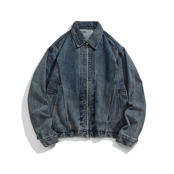 Unisex Kurz geschnittene Denim-Workerjacke mit durchgehendem Reißverschluss und kastiger Silhouette Echoarchiv