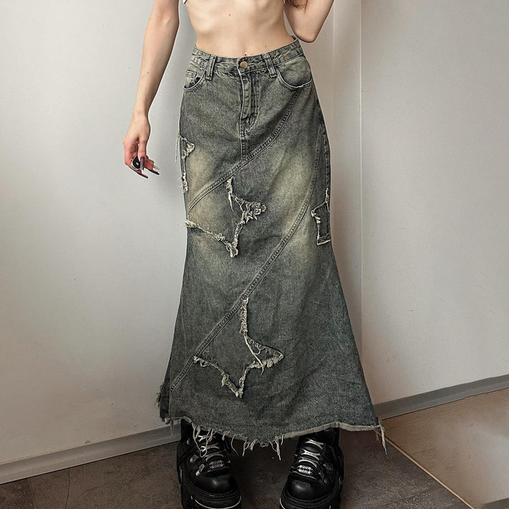 Damen nan vintage Denim-Maxirock mit ausgefransten Patches und diagonalen Ziernähten Echo Archiv
