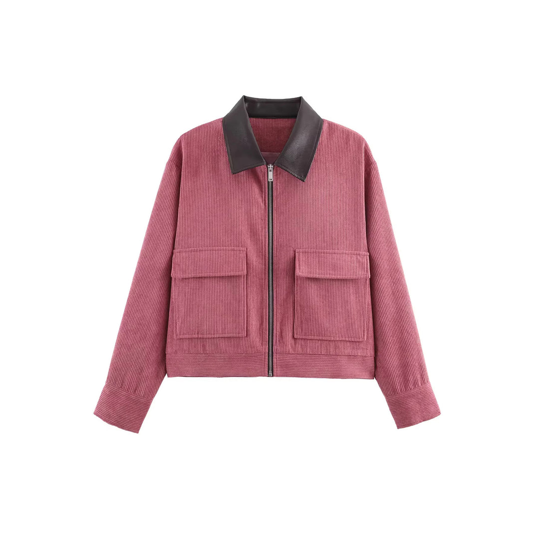 Damen Kordjacke mit Lederkragen, durchgehendem Reißverschluss und aufgesetzten Klappentaschen – Célinea