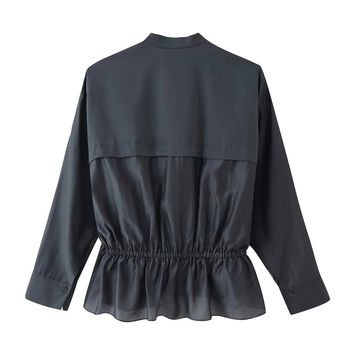 Damen Wickelbluse mit Stehkragen, taillierendem Kordelzug und Schößchensaum – Élovi