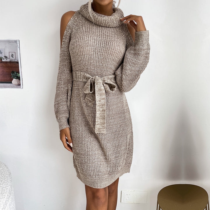Damen Schulterfreies Rollkragen-Strickkleid mit Taillengürtel Echoarchiv