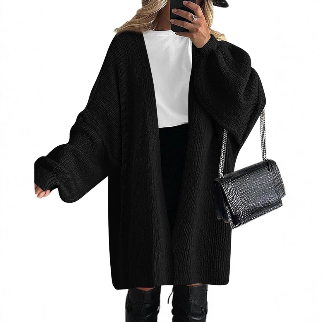 Damen Oversize Strickcardigan mit weiten Ballonärmeln und offener Front – Veloura