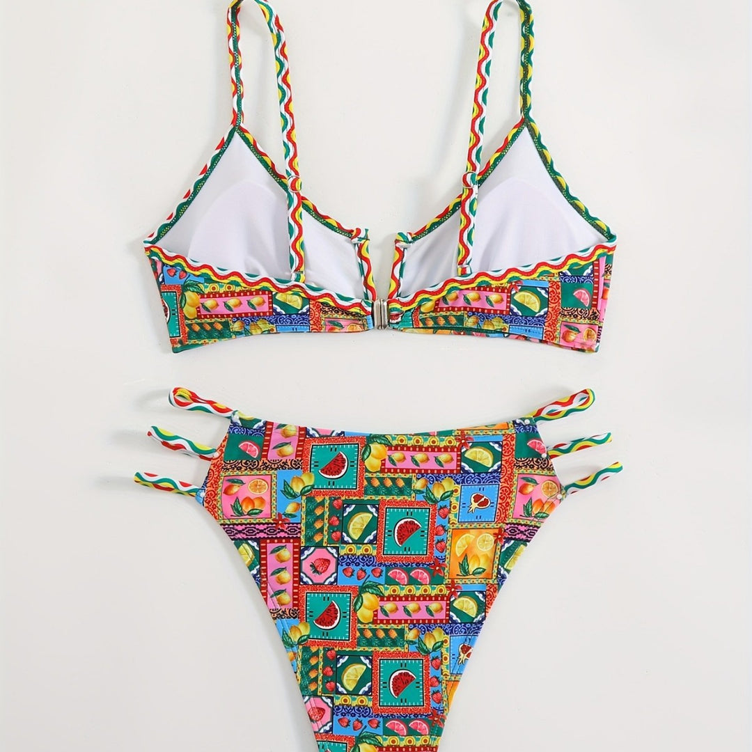 Damen Bikini-Set mit buntem Fruchtmuster und raffinierten Trägerdetails Echo Archiv