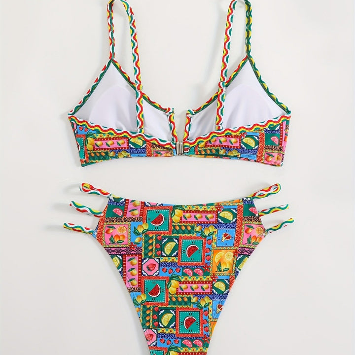 Damen Bikini-Set mit buntem Fruchtmuster und raffinierten Trägerdetails Echo Archiv