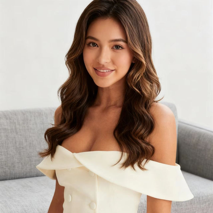 Damen Schulterfreies Cocktailkleid mit eleganten Falten und klassischem Blazer-Design Echo Archiv