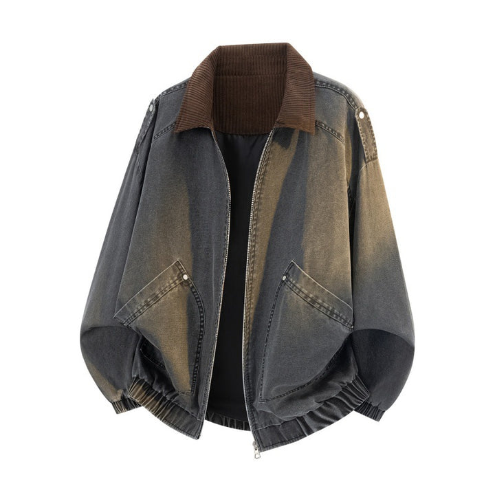 Herren Oversized Jeans-Bomberjacke mit geripptem Stehkragen, aufgesetzten Taschen und elastischem Saum Echoarchiv