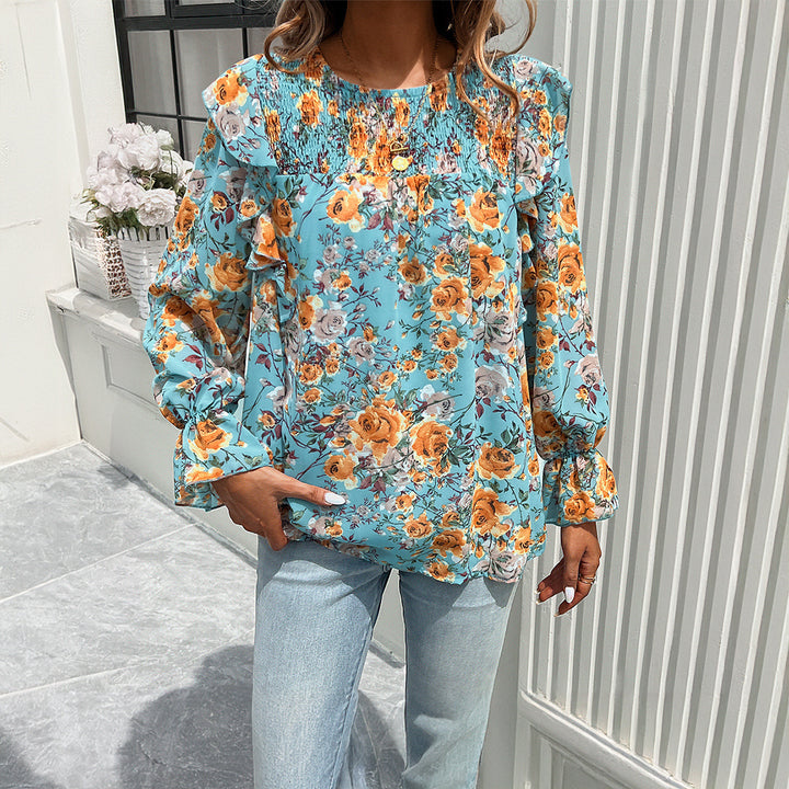 Damen nan geblümte Chiffonbluse mit geraffter Passe, Volantärmeln und lockerem Fall Echo Archiv