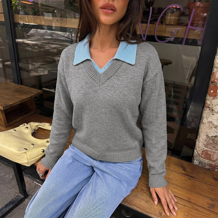 Damen Eleganter V-Ausschnitt Pullover mit Hemdkragen Echo Archiv