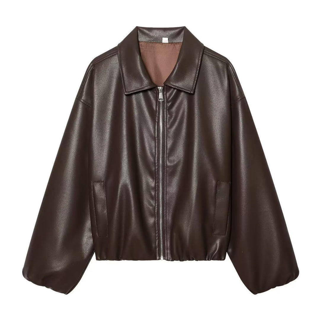 Damen Cropped Oversized Kunstleder-Bomberjacke mit Reißverschluss und elastischem Saum Echoarchiv