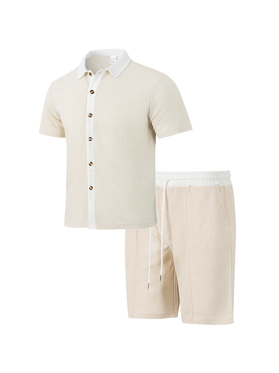 Herren nan modernes Freizeit-Set aus feinem Strukturjersey mit Hemdkragen-Knopfleiste und Kordel-Shorts Echo Archiv