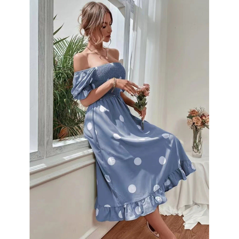 Damen Off-Shoulder Midi-Kleid mit Rüschensaum und Punkte-Design Echo Archiv
