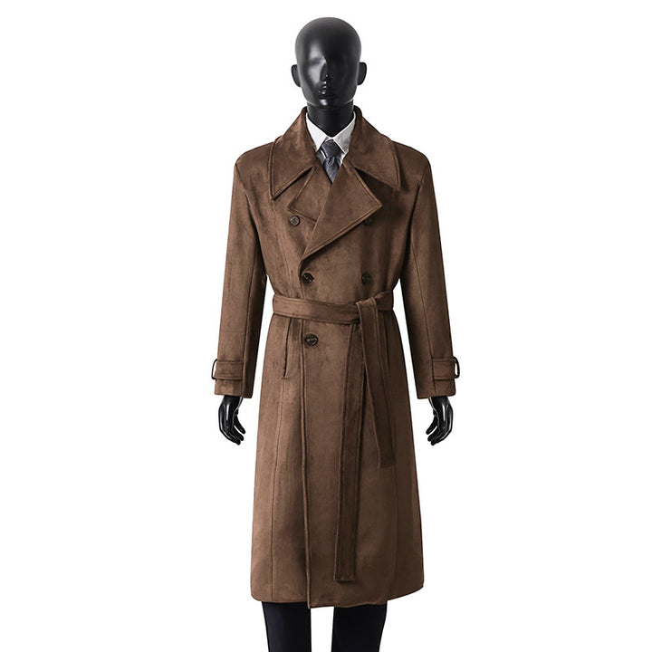 Herren Doppelreihiger Trenchcoat aus Velourslederimitat mit Taillengürtel und weitem Revers Echoarchiv