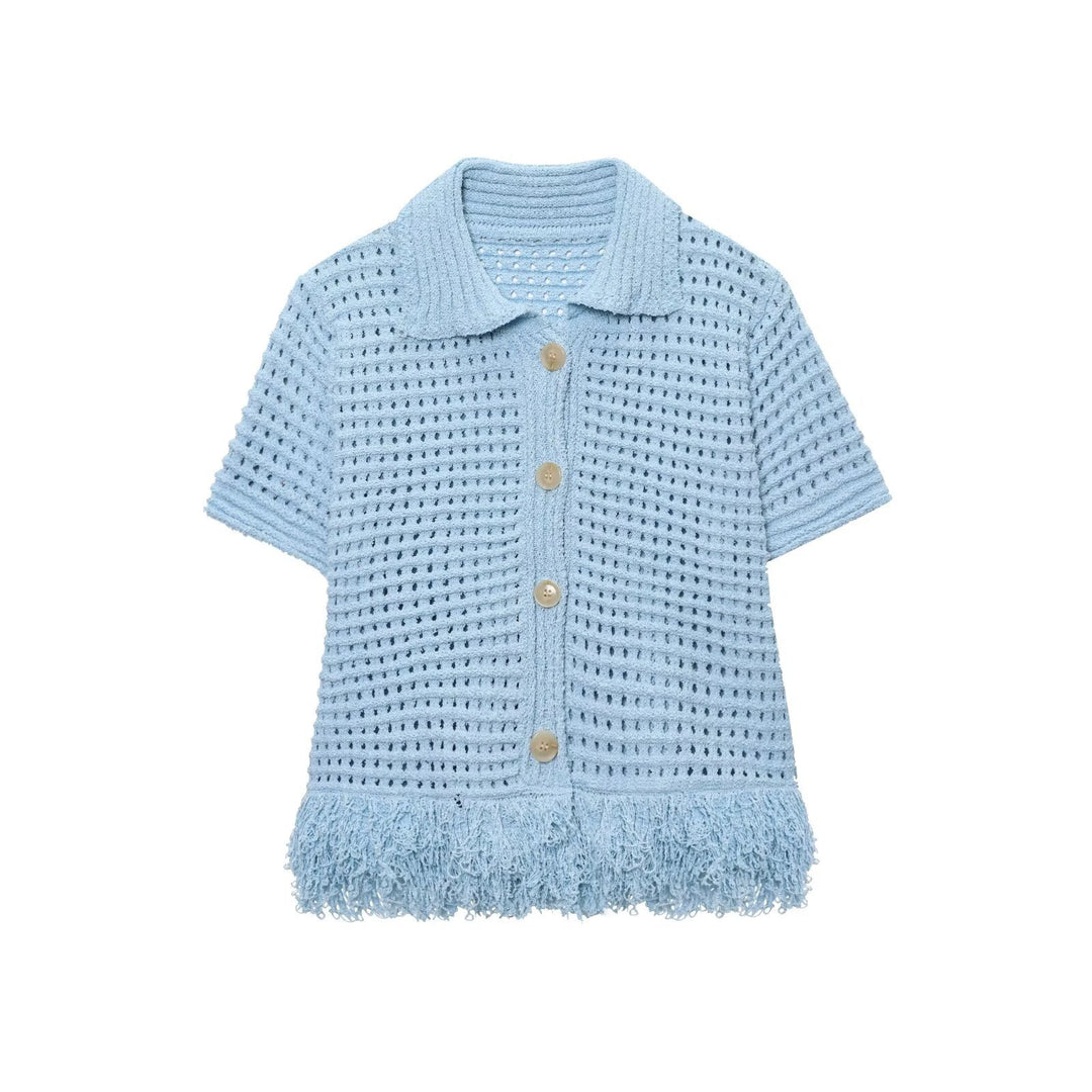 Damen Kurzarm-Strickjacke mit fransigem Saum und dekorativen Knöpfen Echo Archiv