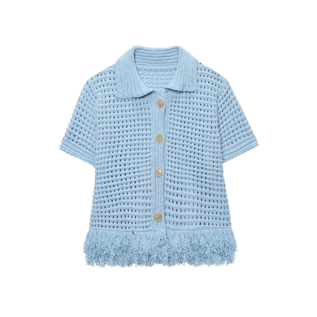 Damen Kurzarm-Strickjacke mit fransigem Saum und dekorativen Knöpfen – Veloura