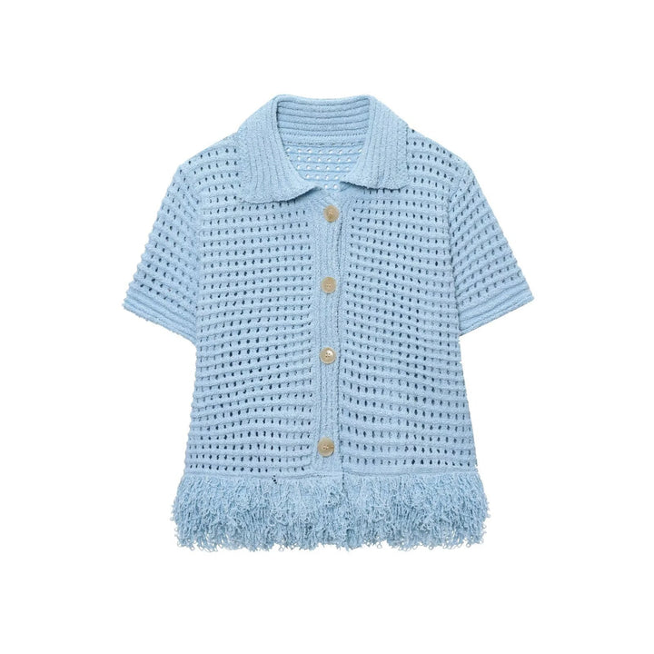 Damen Kurzarm-Strickjacke mit fransigem Saum und dekorativen Knöpfen Echo Archiv