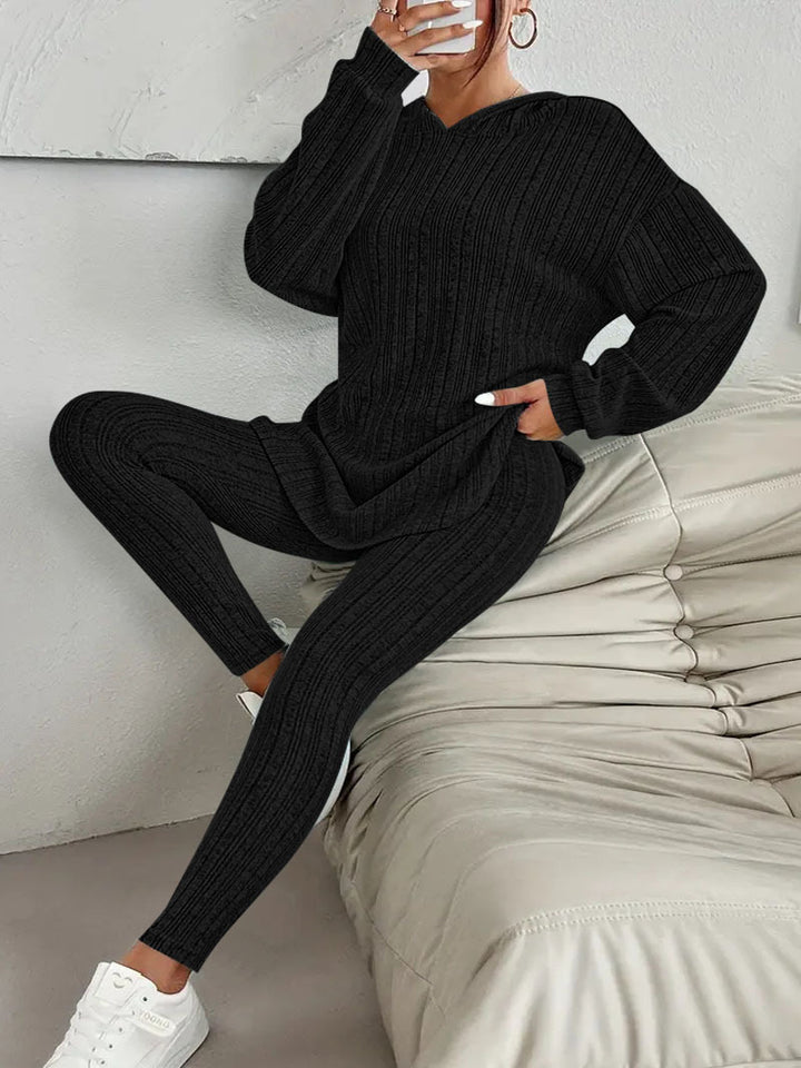 Damen Geripptes Feinstrick‑Loungewear‑Set mit Kapuzenpullover und hochtaillierten Leggings Echoarchiv