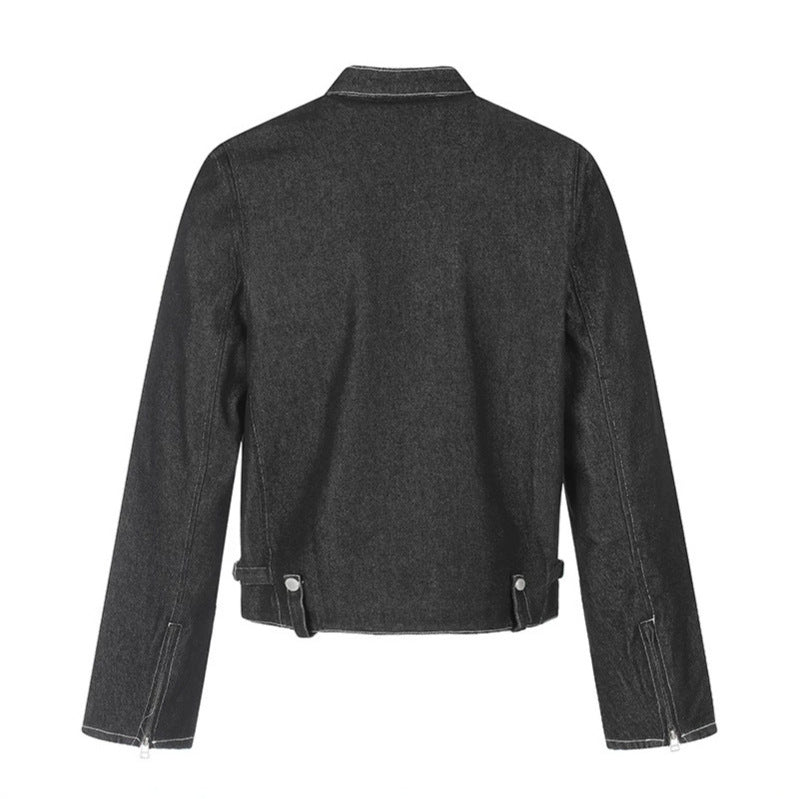 Damen kurze Denim-Bikerjacke mit Stehkragen, Reißverschluss und Druckknopfdetails Echoarchiv