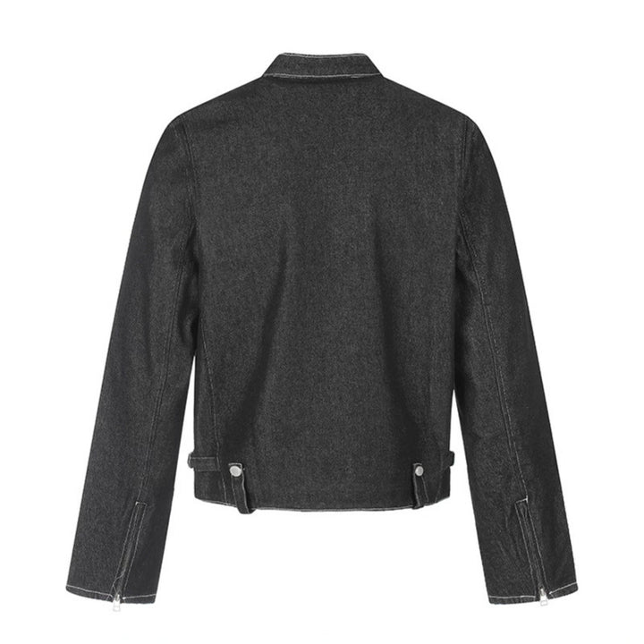 Damen kurze Denim-Bikerjacke mit Stehkragen, Reißverschluss und Druckknopfdetails Echoarchiv