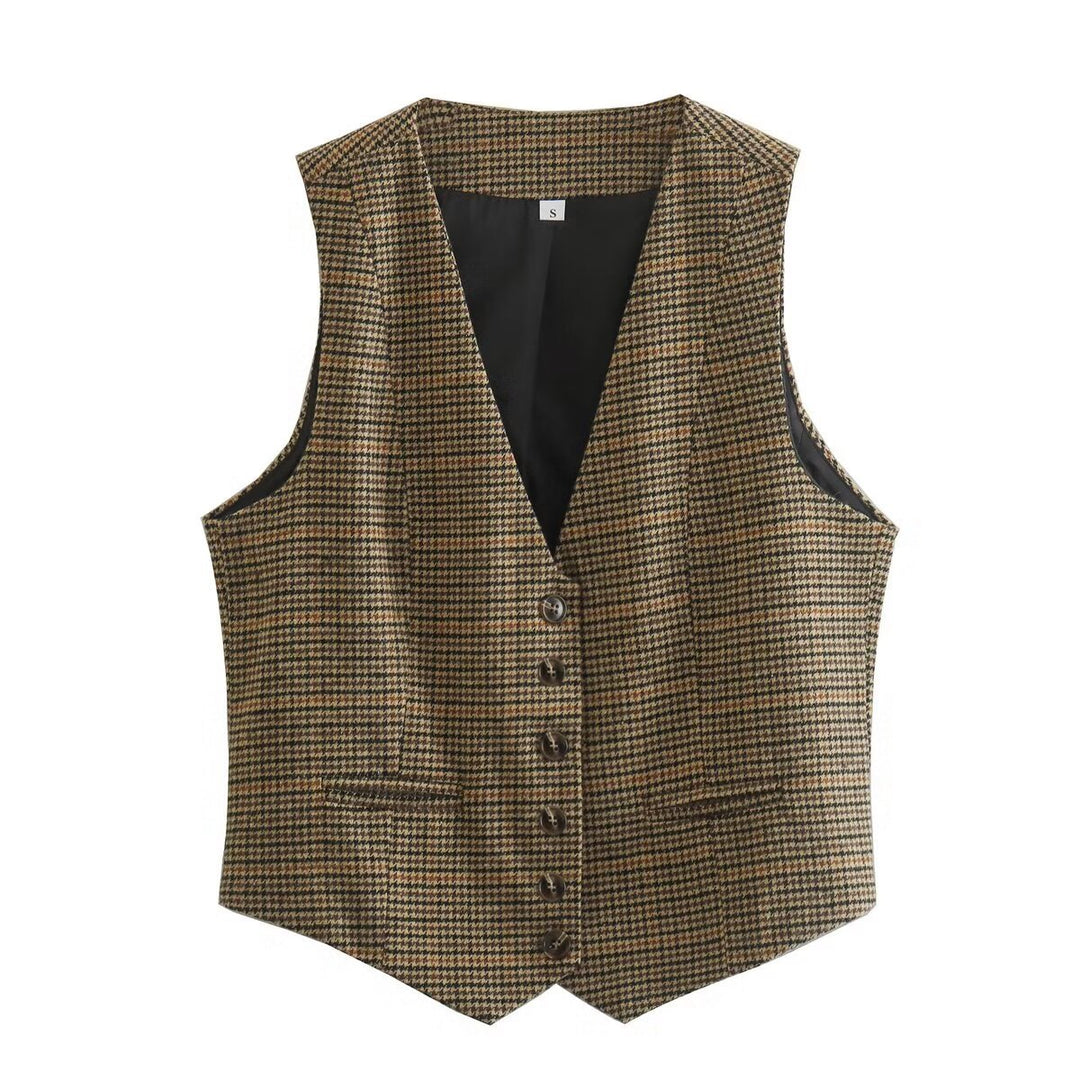 Damen taillierte Hahnentritt-Weste mit V-Ausschnitt und klassischer Knopfleiste – Célinea