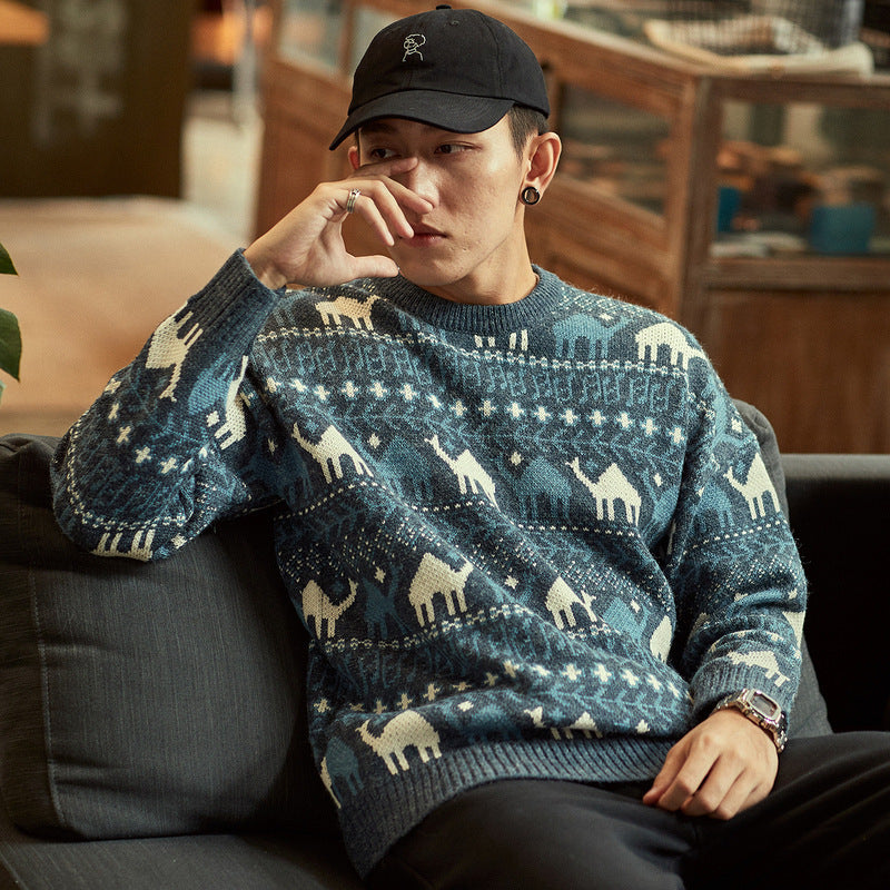 Herren Strickpullover mit Kamel-Jacquardmuster und geripptem Saum Echoarchiv