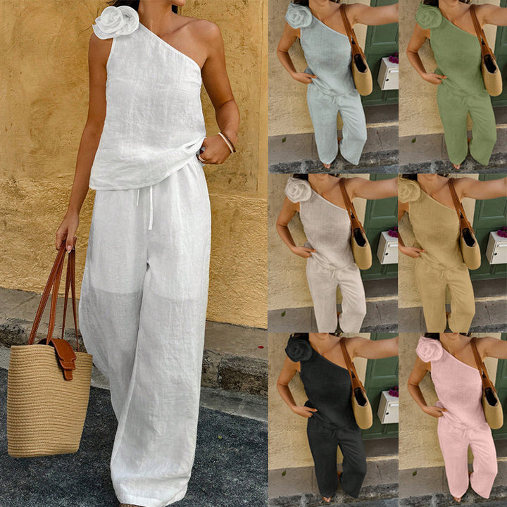 Damen Einschultriger Leinen-Jumpsuit mit Zier-Rosette und weitem Bein – Solévia