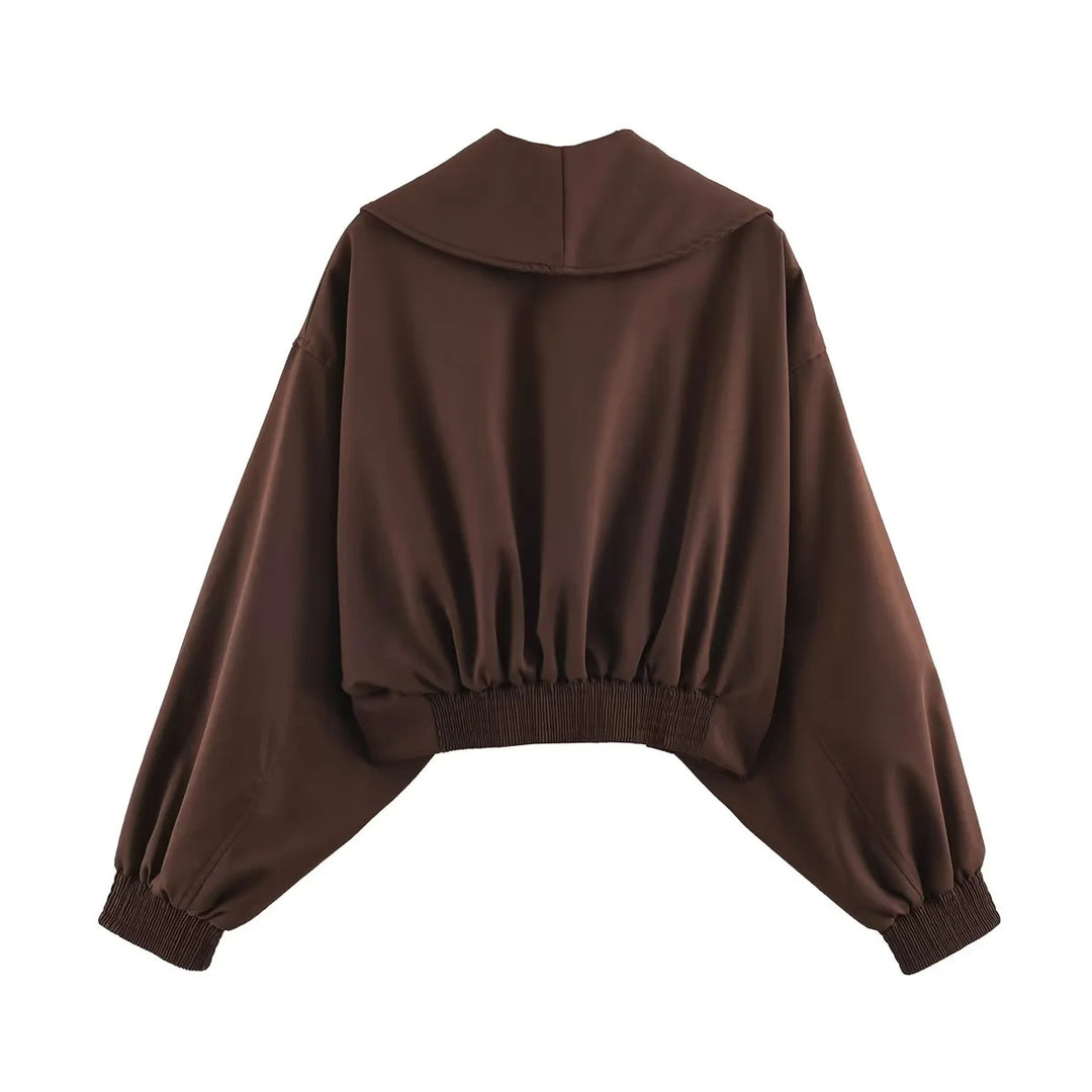 Damen kurze Oversize Jacke mit großem Schalkragen und Ballonärmeln – Célinea