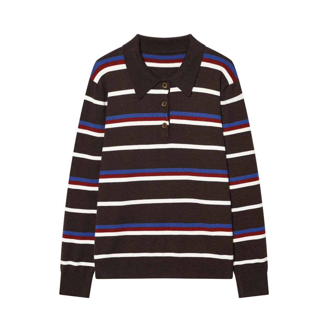 Damen gestreifter Feinstrick-Polopullover mit Knopfleiste, Rippbündchen und leichter Wollmischung – Mavelle
