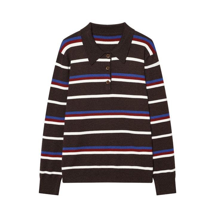 Damen gestreifter Feinstrick-Polopullover mit Knopfleiste, Rippbündchen und leichter Wollmischung – Mavelle