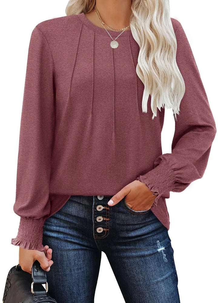 Damen Longsleeve-Tunika mit senkrechten Biesen und gerafften Rüschbündchen – Avérine