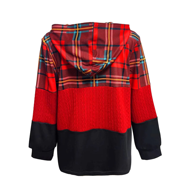 Damen nan lange Kapuzenjacke im Patchwork-Stil mit Karo‑ und Strickeinsätzen, Frontreißverschluss und Eingrifftaschen Echo Archiv