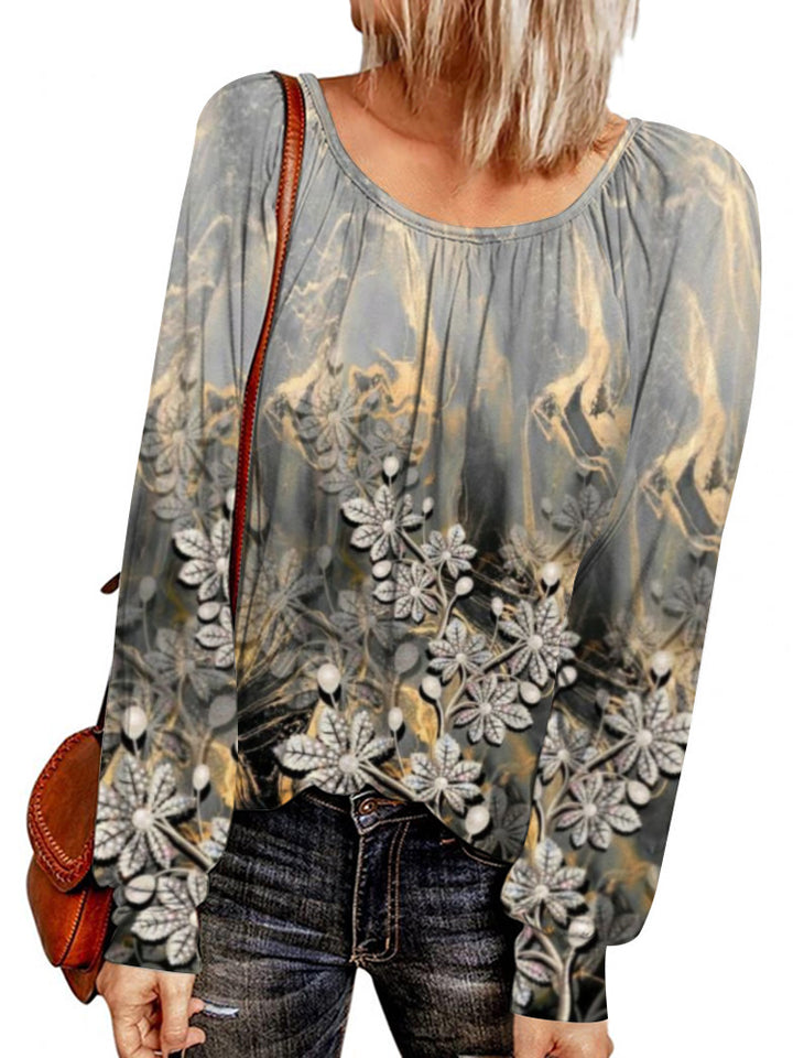 Damen Ethno-Print Oversize-Tunika mit Rundhalsausschnitt und langen Ballonärmeln – Avérine